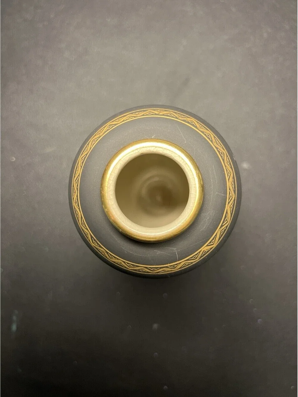 Japanese Vintage 1950s Sansui Landscape Porcelain Vase Gold On Grey Taiga, 2x6”